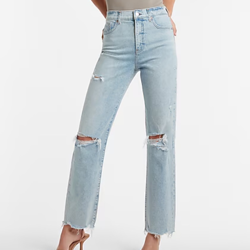 Express Super High Waisted Ripped Raw Hem Modern Straight Jeans Size 14R